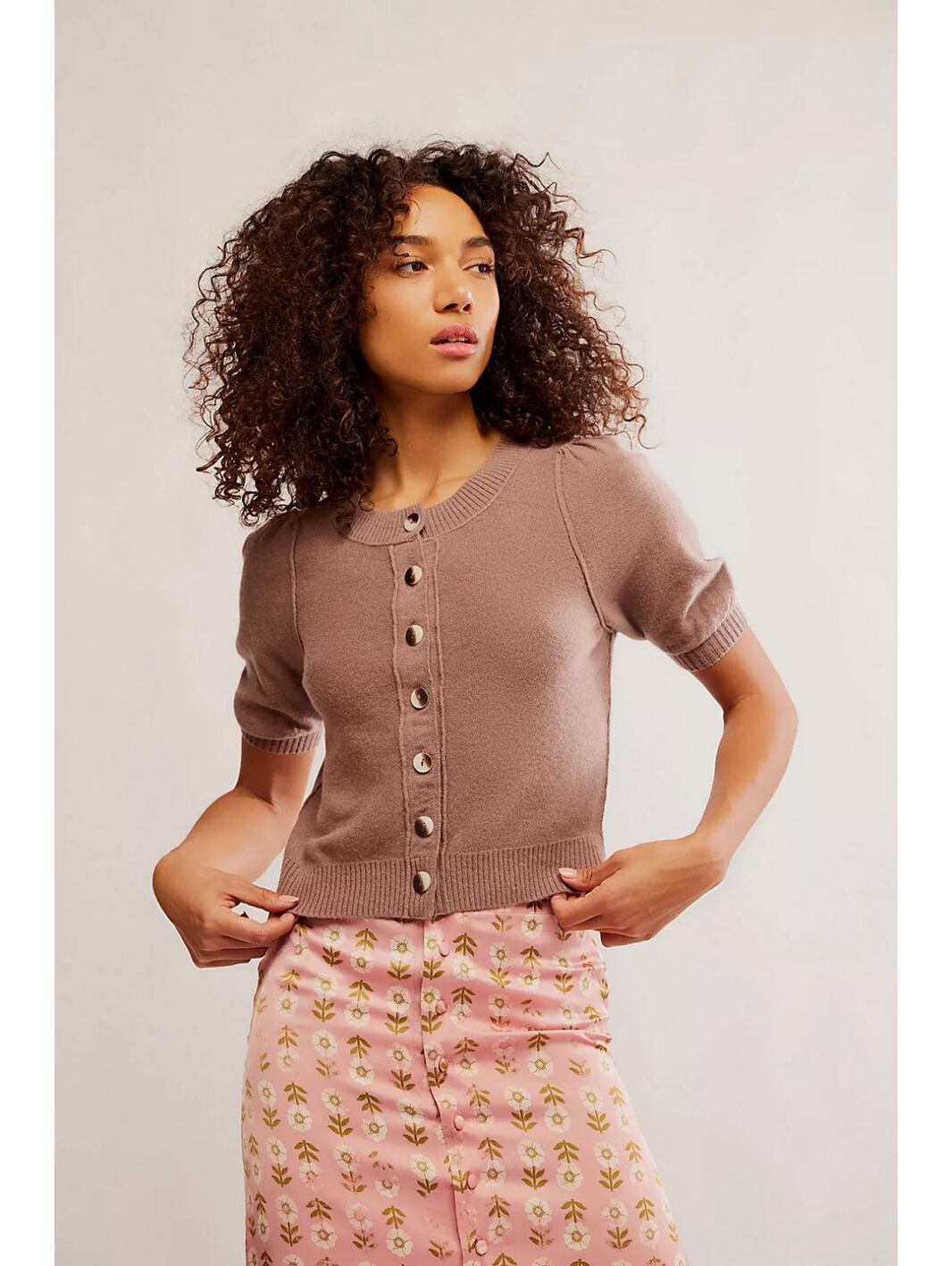 Free People Isla Solid Short Sleeve Cardigan Size Small Neutral Color